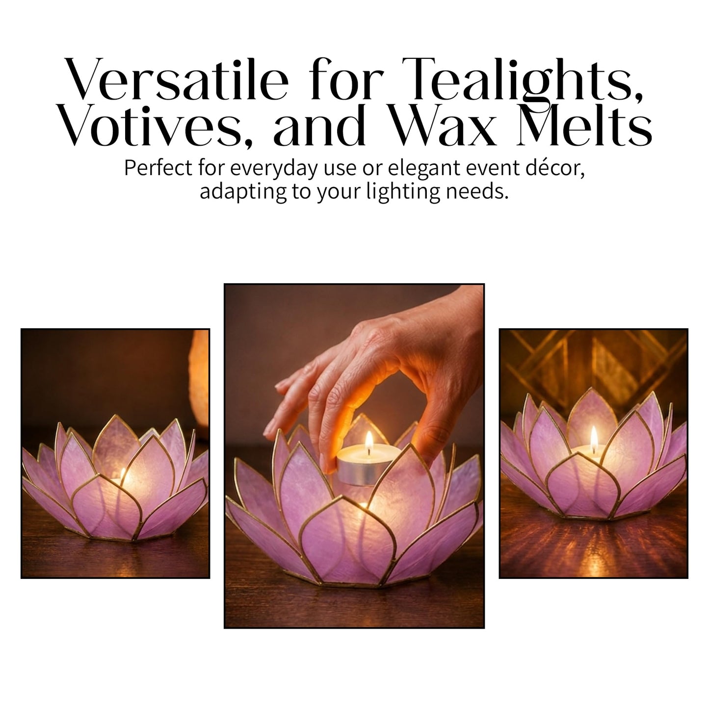 Om Gallery Mini Gemstone Lotus Tealight Holder - Handcrafted Capiz Shell Design for Soft Glow, Elegant Home & Table Decor, Wedding Centerpieces, Votive Candle Styling & Thoughtful Gifting - Amethyst