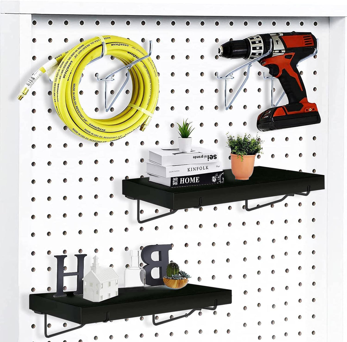 HJW Pegboard Shelf Black, 4 Pack Wooden Pegboard Shelves with Metal Pegboard Shelf Brackets Pegboard Hooks, for Craft Room, Home, Kitchen, Garage