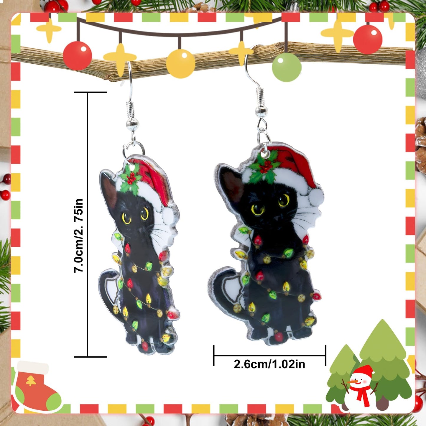Funny Christmas Black Cat Earrings for Women - Xmas Charms Lightweight Acrylic Dangle Earrings Christmas Outfit Accessories