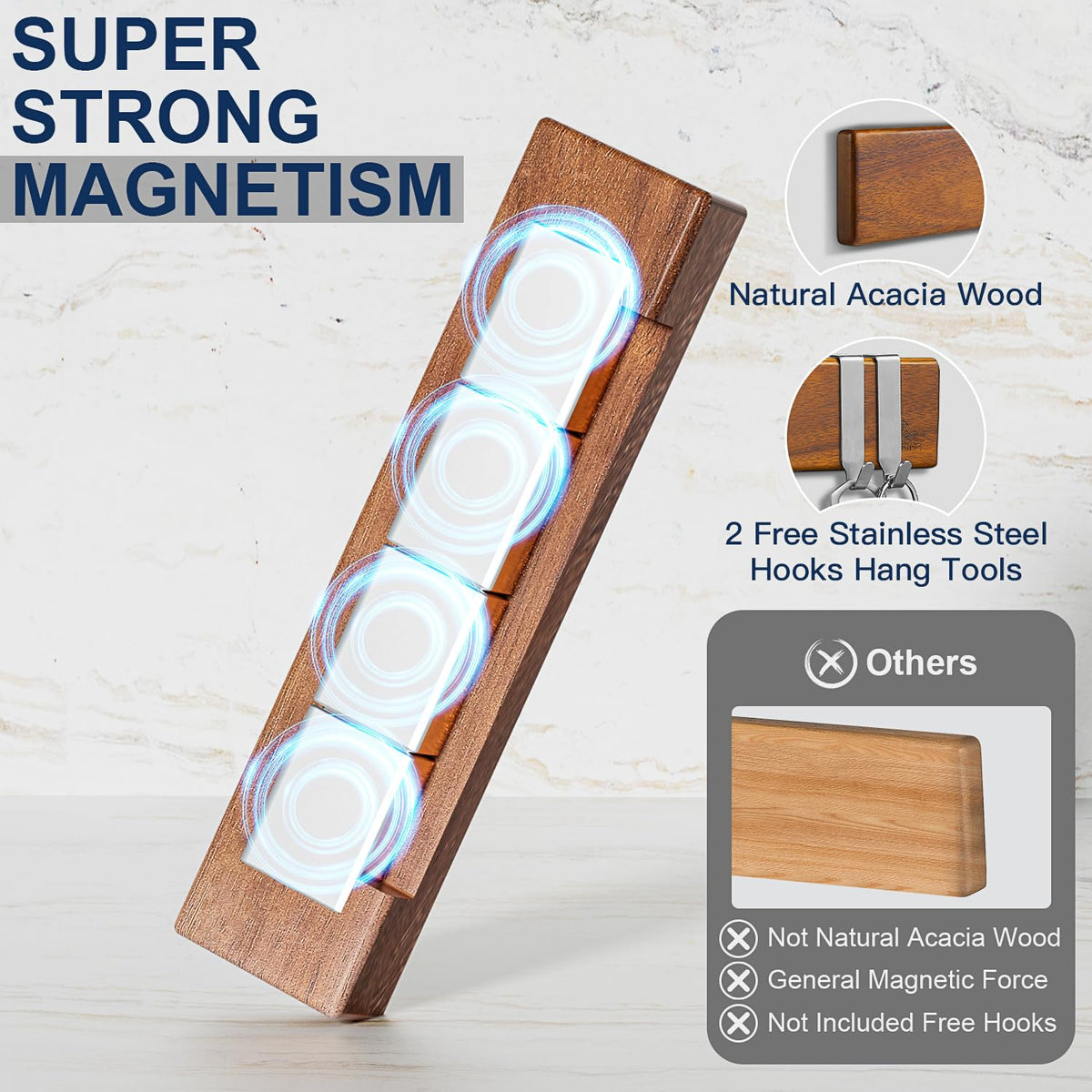 ENOKING 10Inch Magnetic Knife Holder for Refrigerator - Acacia Wood Knife Strip with Exquisite Gold-Foil Gift Box - Compact Knife Bar with 2 Hooks, No Drilling Solution