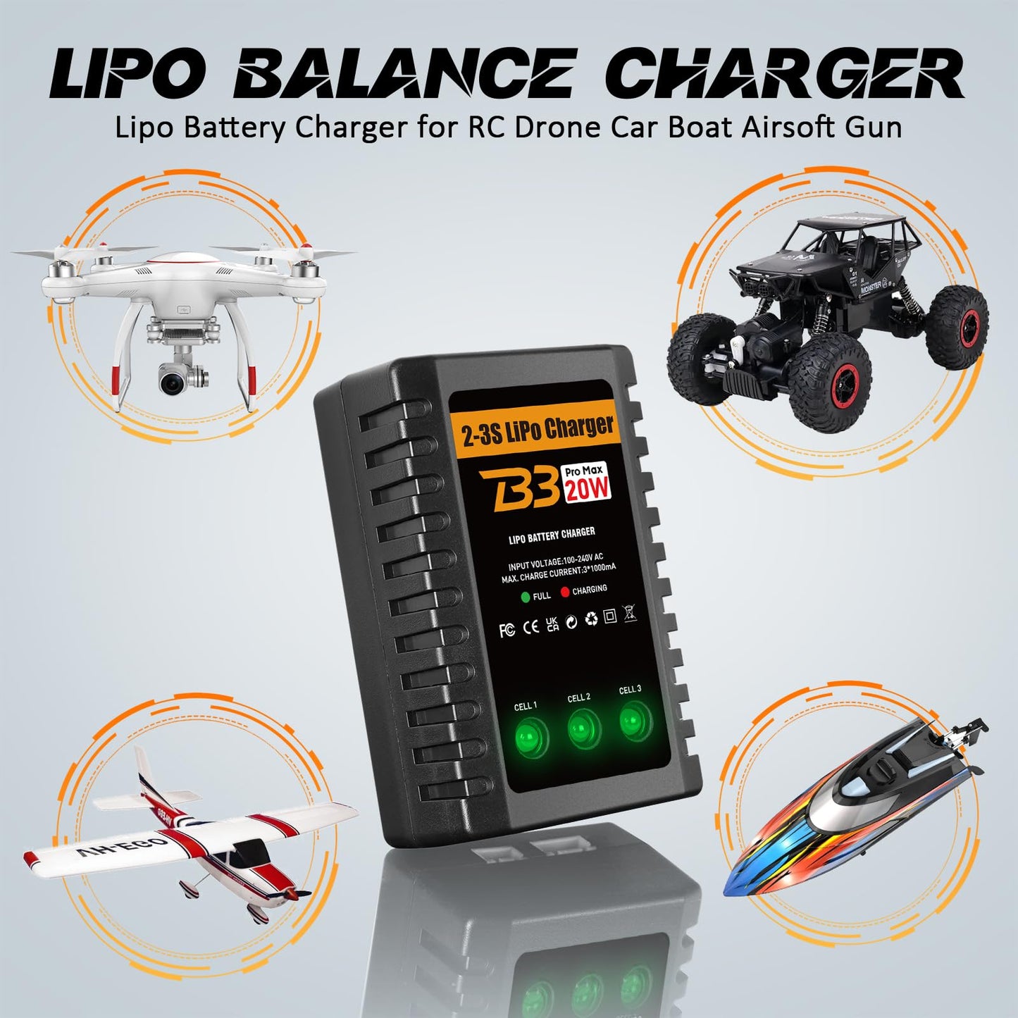 HTRC Lipo Battery Charger, 20W Lipo Charger for 2-3S Lipo Battery Pack(7.4V-11.1V), Airsoft Battery Charger, Fast RC Balance Charger for RC Car, Airsoft Gun, RC Boat, Etc