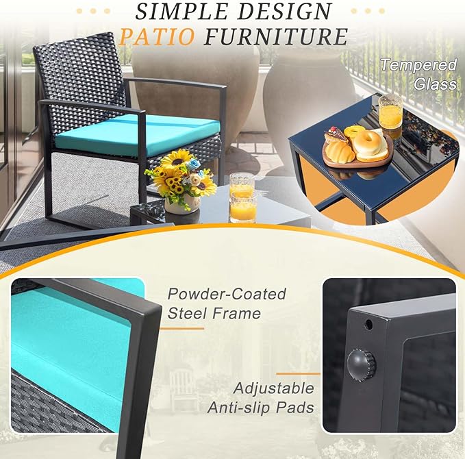Flamaker Patio Set Outdoor Wicker Furniture, Modern Bistro Set with Rattan Chair and Coffee Table for Yard (Blue)