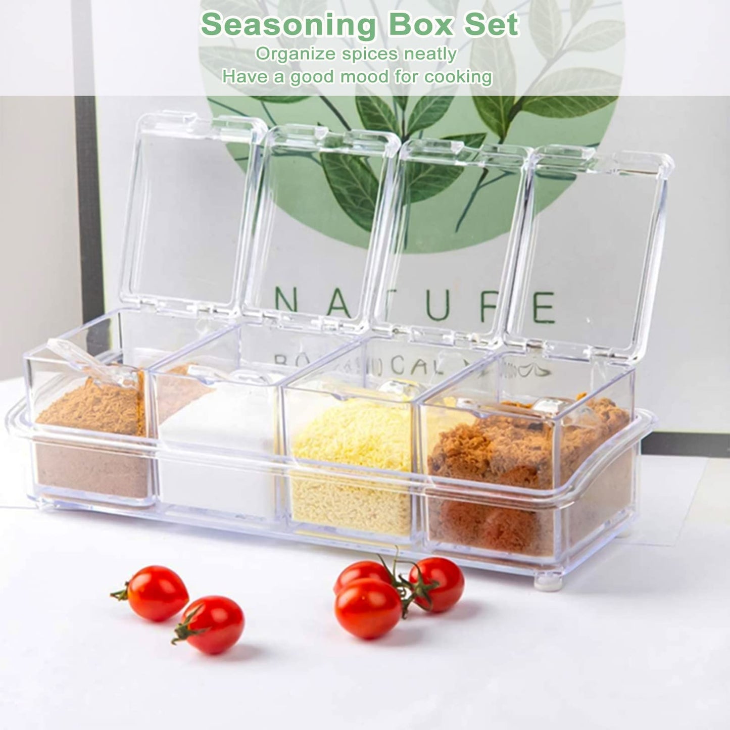 SHAIDOJIO Clear Seasoning Box, 8 Piece Seasoning Rack Spice Pots, Plastic Storage Container Condiment Jars with Lids and Spoon, Kitchen Organization Containers for Spice, Salt, Sugar, Cruet (2 Set)