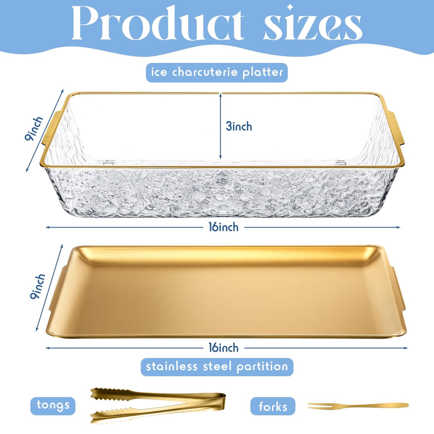 Baderke 2 Set 16 x 9.45 Chilled Serving Tray for Parties with Compartments Ice Chilled Party Platter Charcuterie Serving Board with Forks Tongs for Fruit Seafood Vegetable Appetizer (Gold)