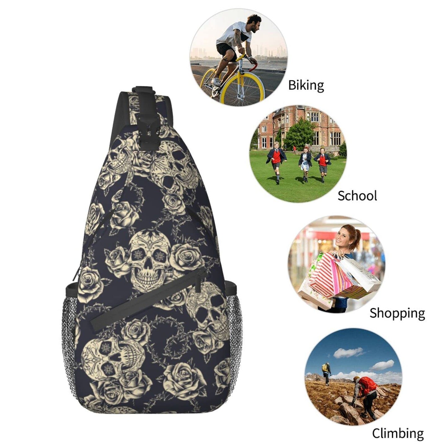 bassyil Skull Rose Sling Bag Crossbody Travel Hiking Chest Backpack Shoulder Daypack for Women Men
