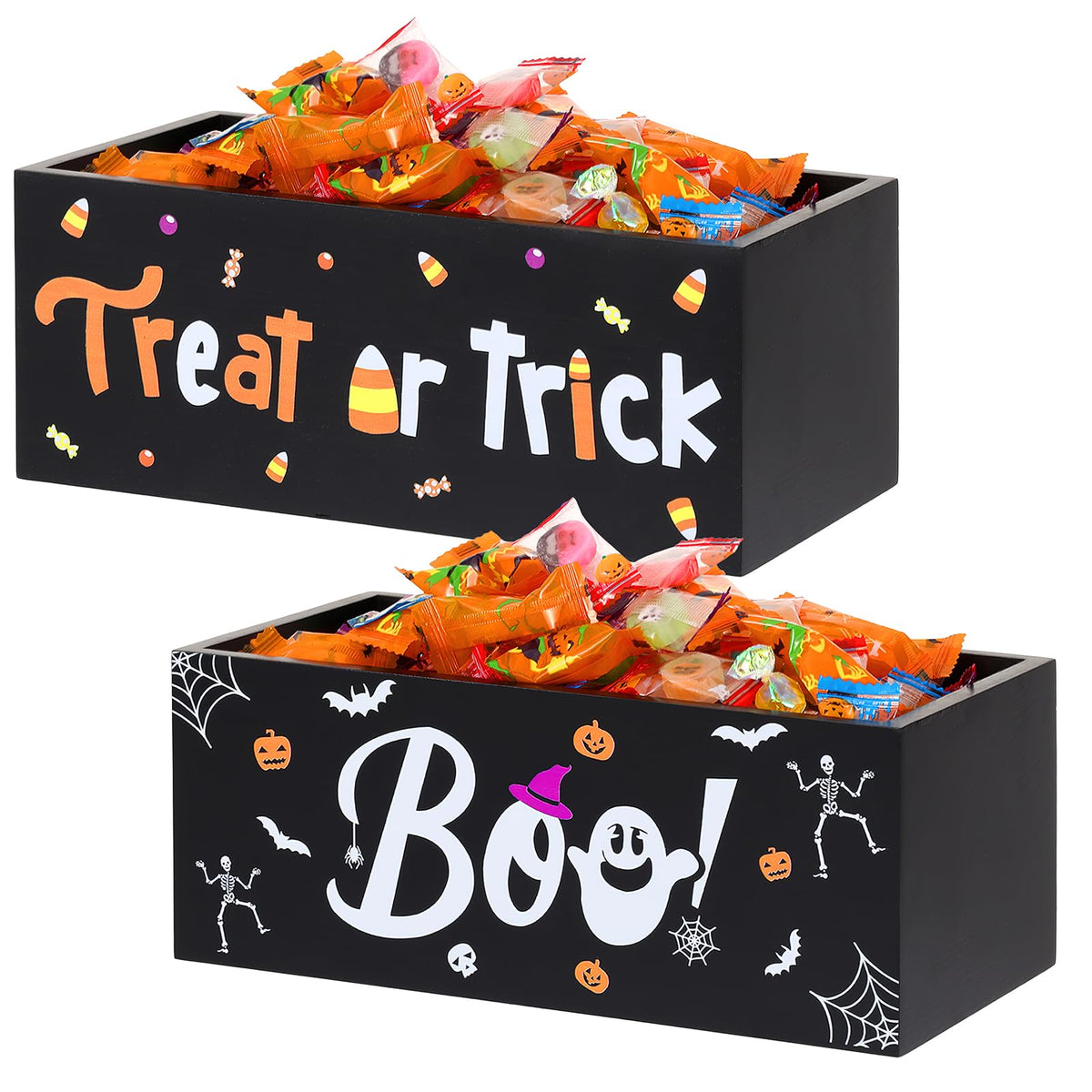 BOUTICOL 2 PCS Halloween Candy Bowl Dish Trick or Treat Wooden Candy Dish Holders Corn Spider Ghost Wood Candies Serving Bowl Tableware for Halloween Haunted House Corn Holiday Decor