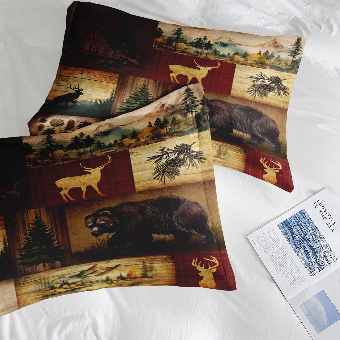 Pamnest Full Size Bed Sheet Sets, Camp Bear Mountain Soft Microfiber 4 Pcs Bedding Sets for Kids and Adults Bedroom Bed Decor, Wildlife Brown Pine Tree Flat, Fitted Sheet and 2 Pillowcases
