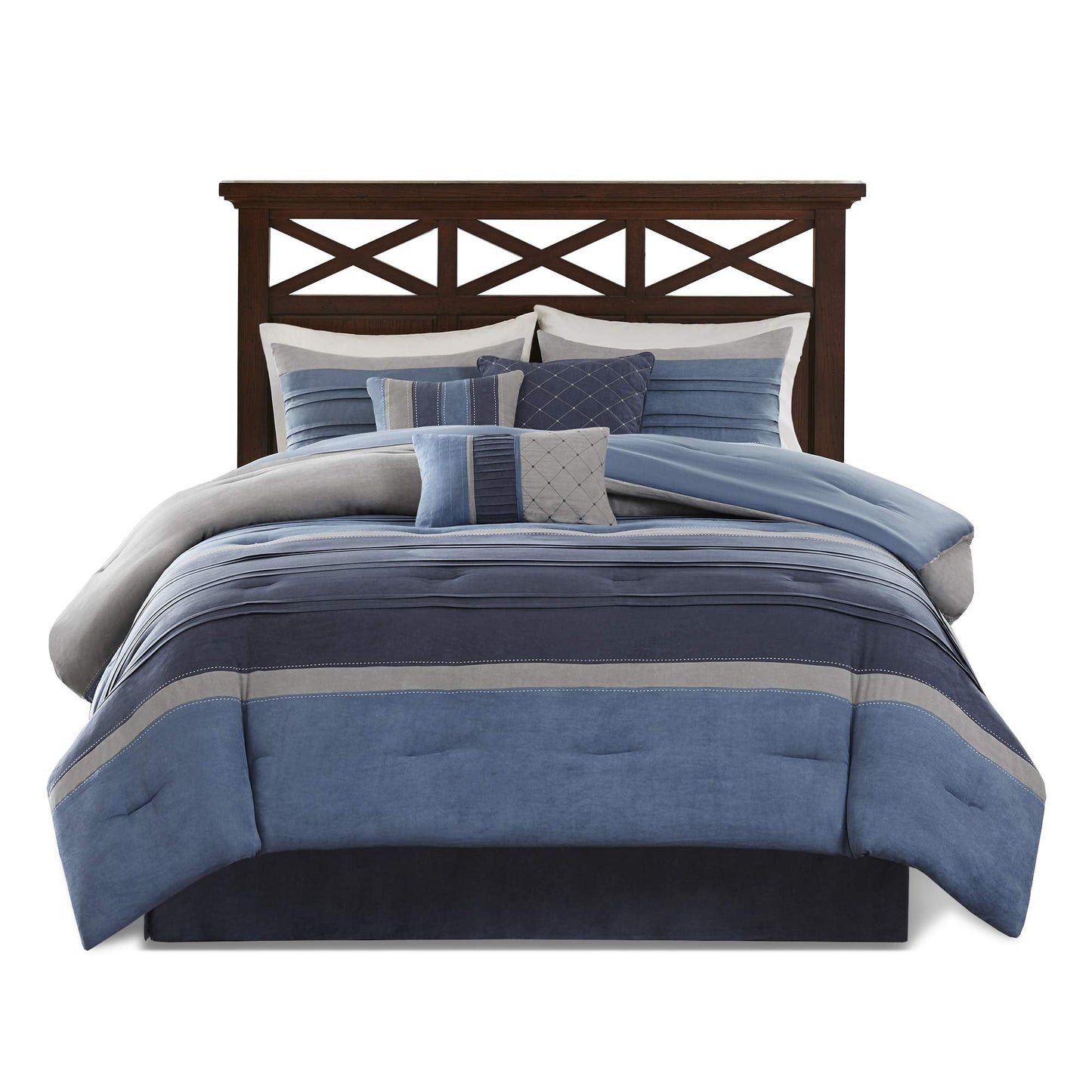 Madison Park Cozy Comforter Set Casual Modern Design All Season, Matching Bed Skirt, Decorative Pillows, Queen(90"x90"), Blue Grey, 7 Piece (MP10-1636)
