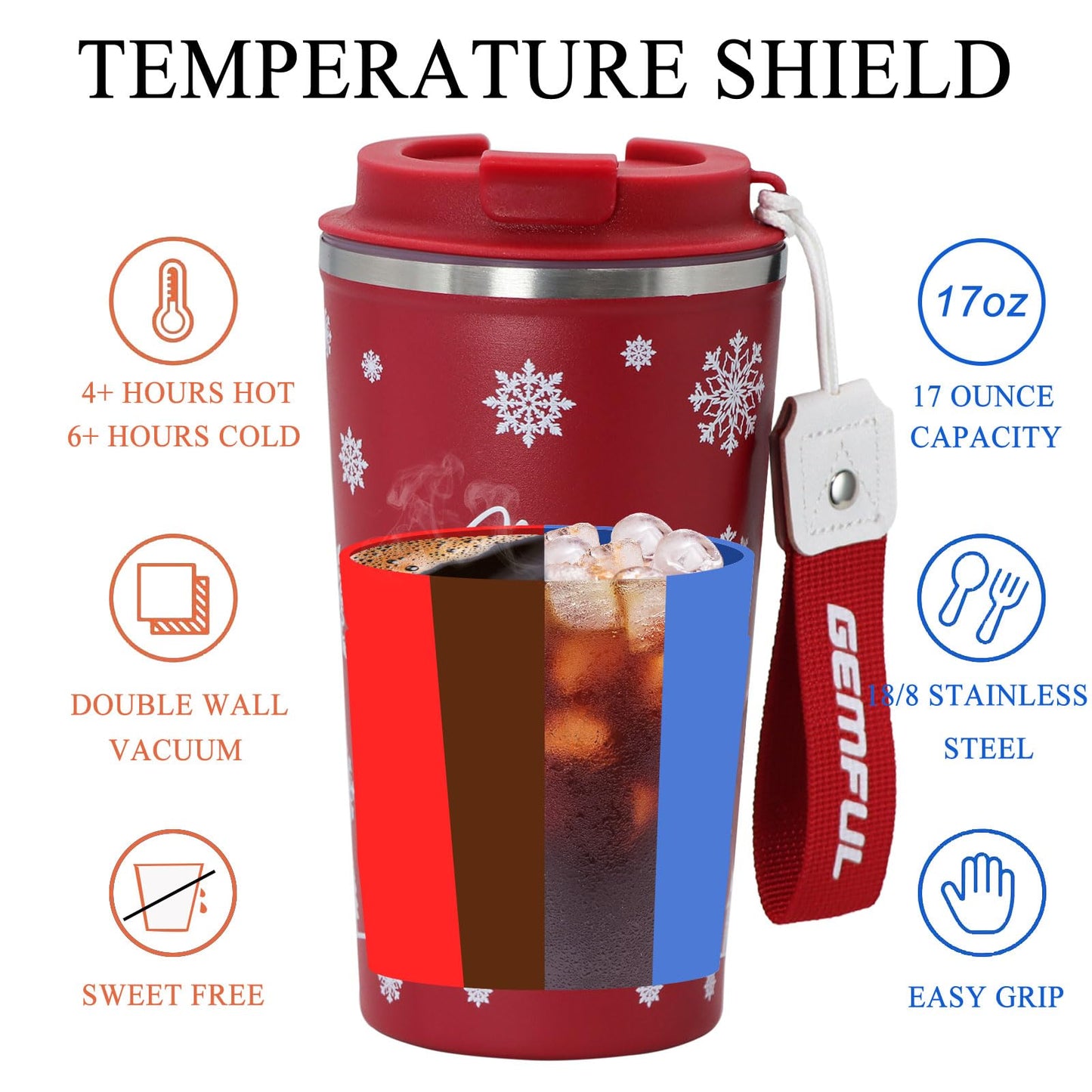GEMFUL Chirstmas Coffee to go Cup for Her or Him 17oz Double Walled Vacuum Leak Proof Travel Coffee Mug for Hot Drinks (Red)