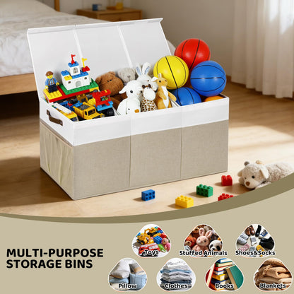 ISEMINGLA Extra Large Foldable Toy Chest with Lid,Collapsible Kids Toy Storage Box Organizer,Large Fabric Storage Bin for Nursery Playroom Bedroom Living Room,40”x18”x14”,White & Beige