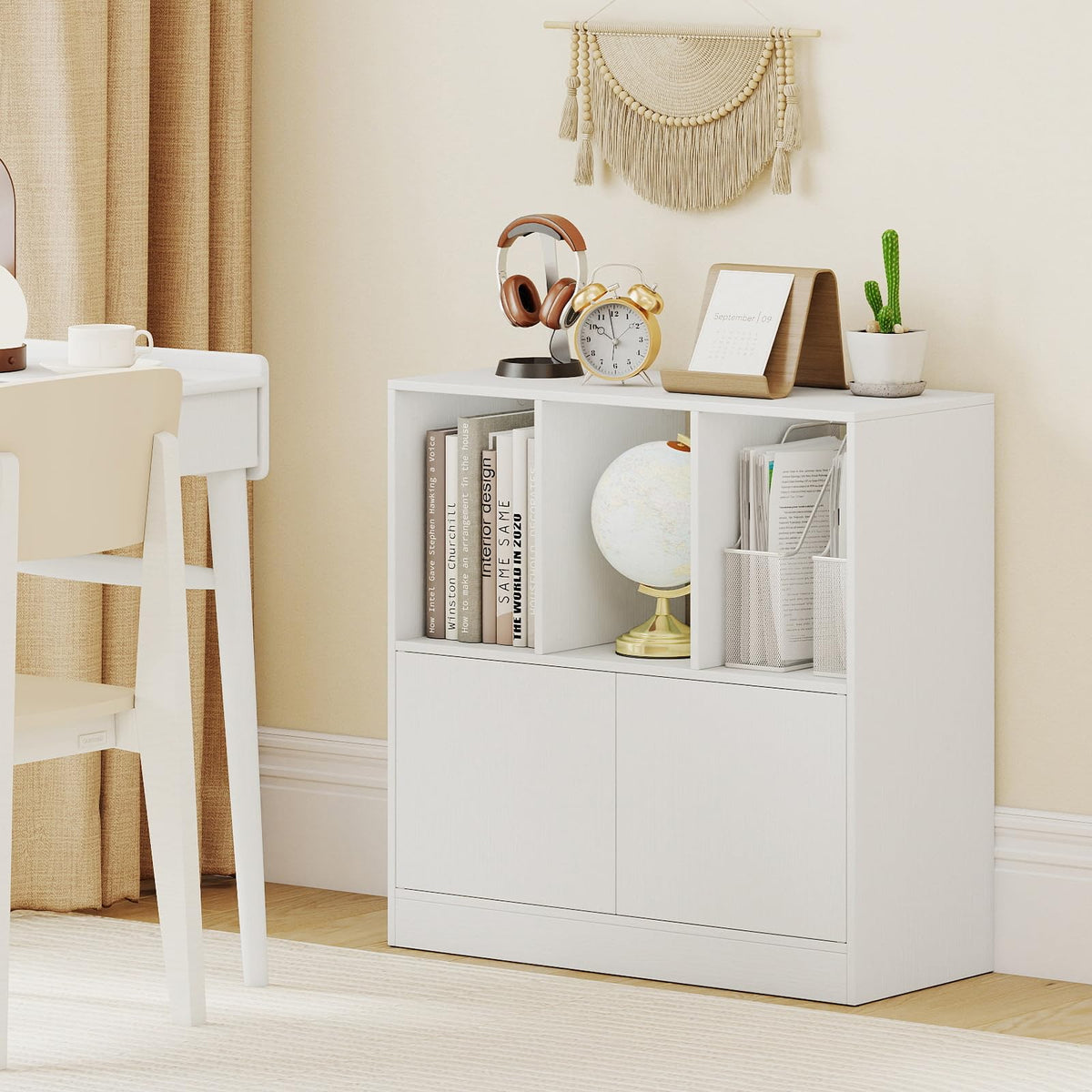 Giantex 3-Cube Bookcase with Doors, 3-Tier Cubic Bookshelf w/Open Compartments & Cabinet, Modern Display Shelf, Wooden Floor Freestanding Cubby Storage Organizer for Living Room, Study (1, White)