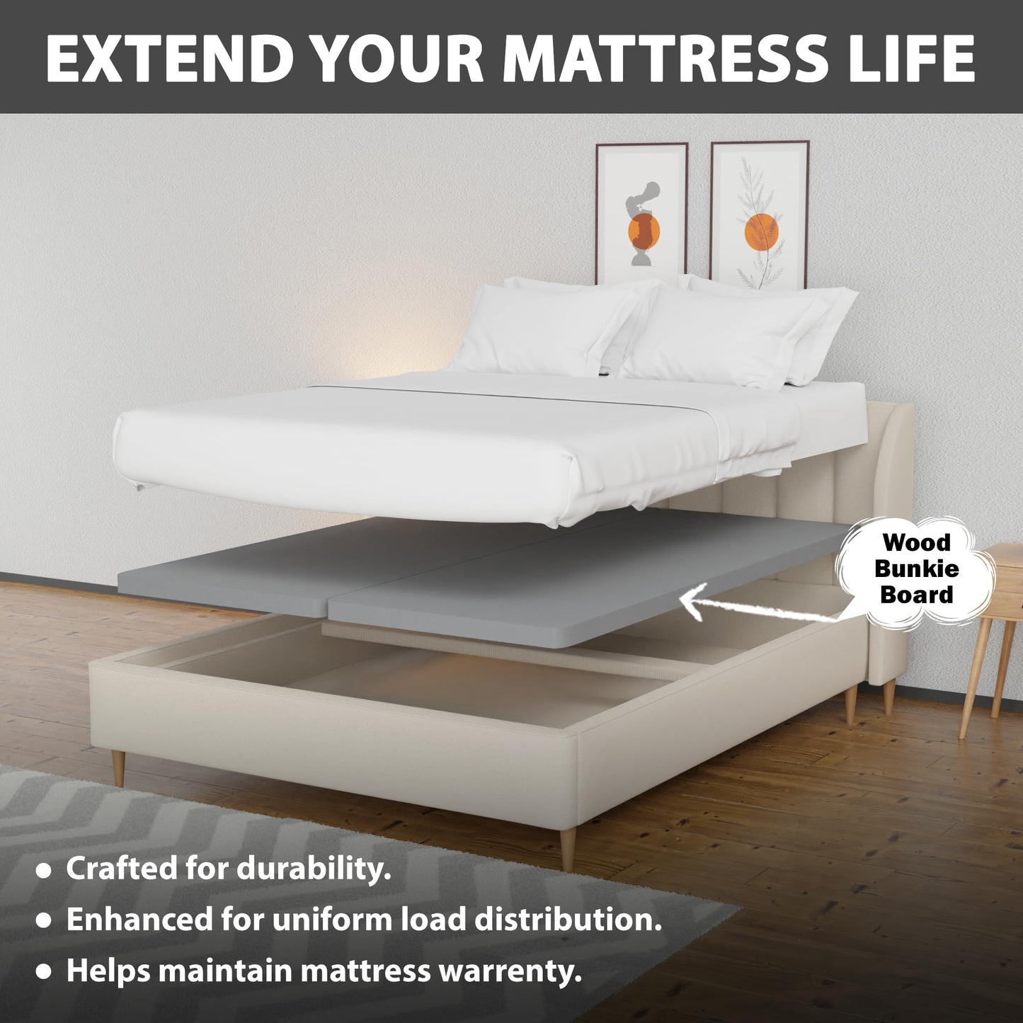Greaton 1.5" Split Wood Bunkie Board for Full(Fold) Size Bed - 4-Piece Under Mattress Support Board, Fully Assembled, Fabric Ventilation Cover - Replaces Wooden Slats or Box Spring for Bed Frames