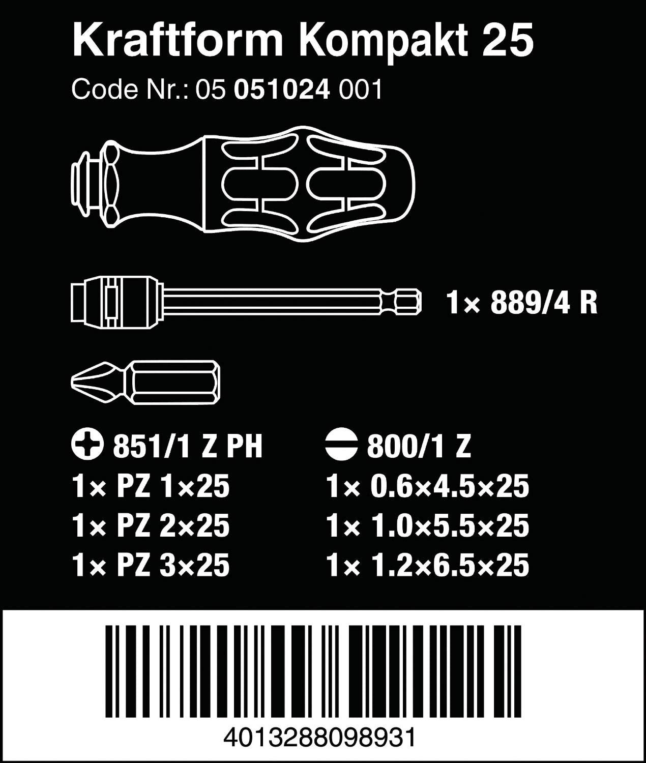 Wera 05051024001 Kraftform Compact Imperial Screwdriver Bit Set KK 25, Silver