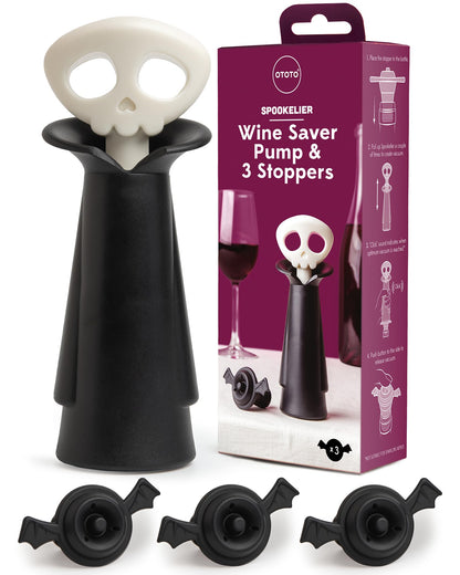 OTOTO New Spookelier Wine Saver Pump and 3 Wine Stopper - Wine Bottle Stoppers for Wine Bottles, Wine Stoppers Vacuum, Spooky Goth Accessories, Fun Skull Halloween Goth Kitchen, Goth Gifts Gadgets