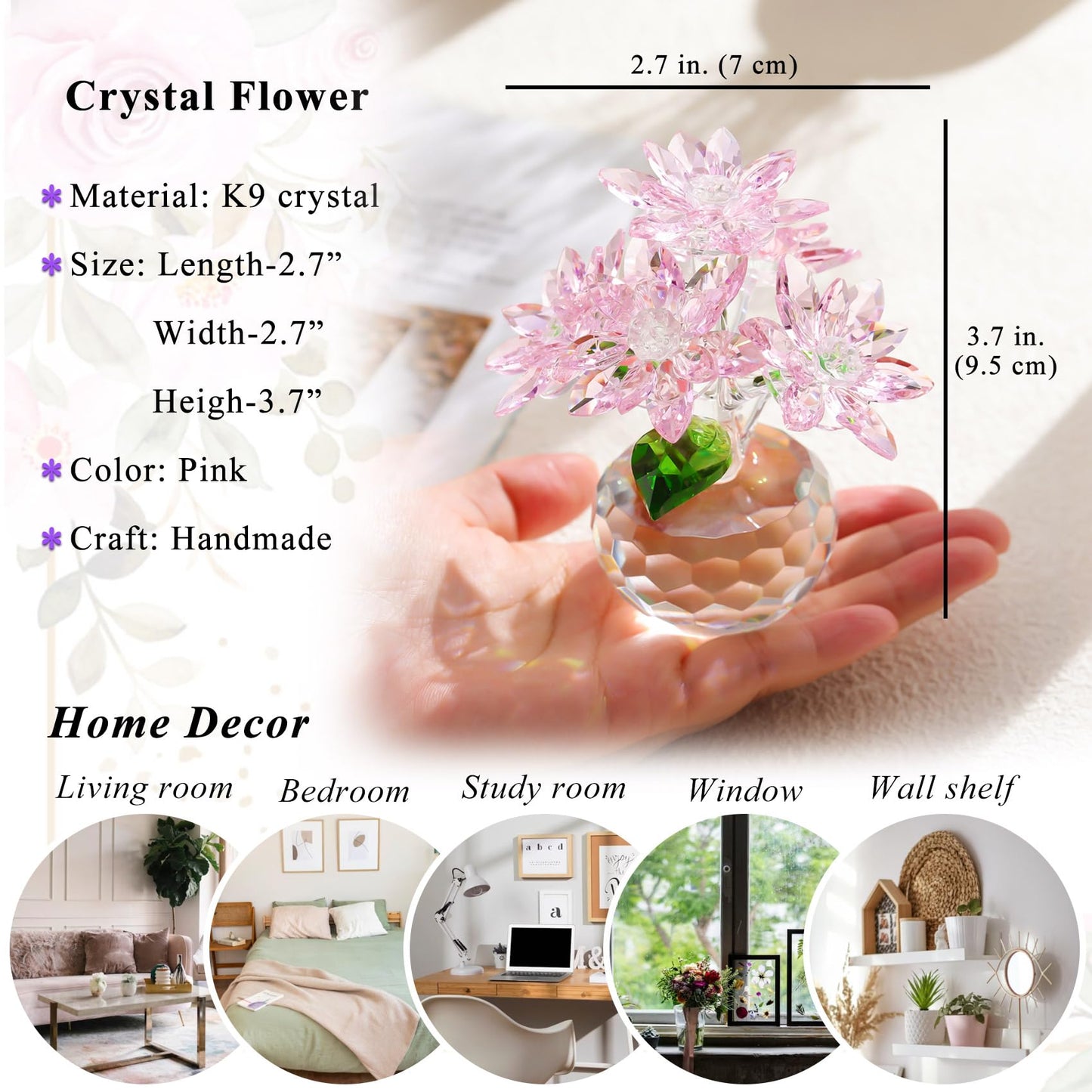 YWHL Pink Crystal Flower Figurine Decor with Stand, Handmade Glass Flower Gifts for Women, Beautiful Art Collectible Statue for Home Table Centerpiece（Pink