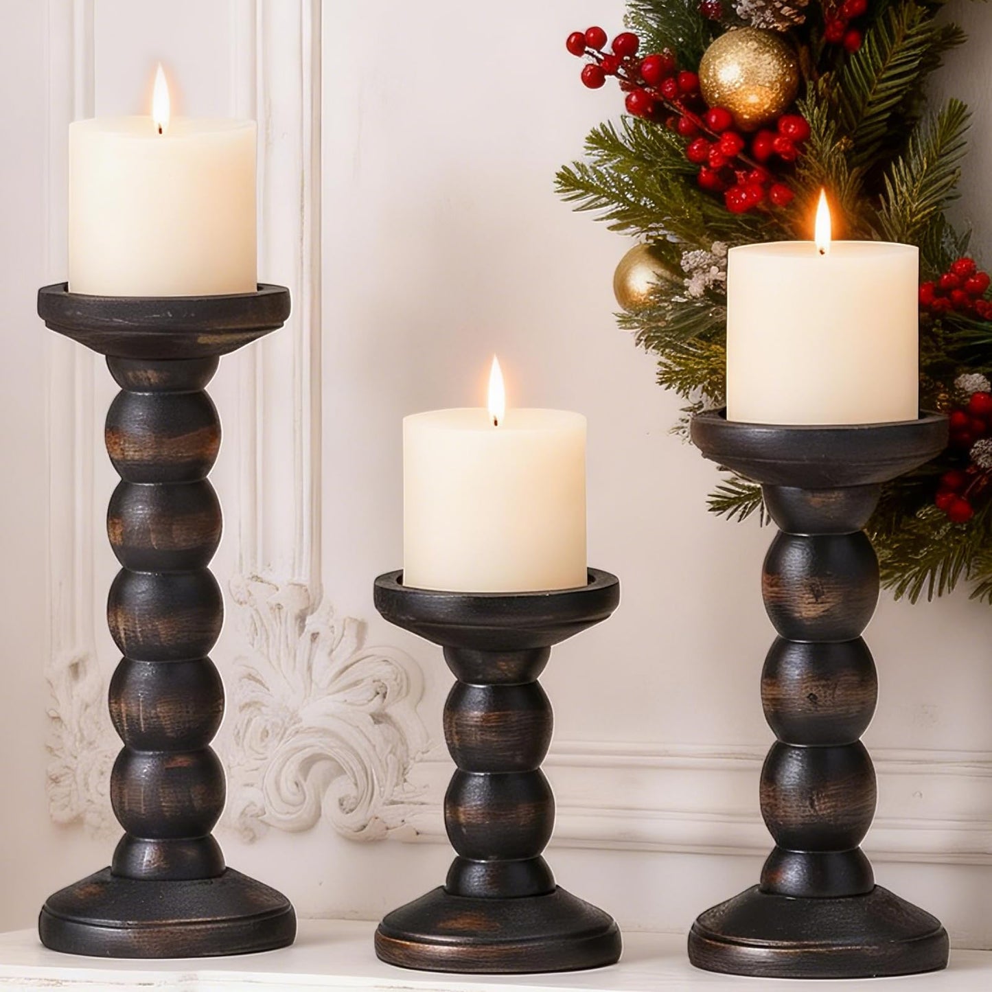 HuiDao Solid Wood Candle Holder, 3Pcs Rustic Black Candle Holders for Pillar Candles, Decorative Candle Holders Distressed Wooden Farmhouse Candle Holder Large for Fireplace Table