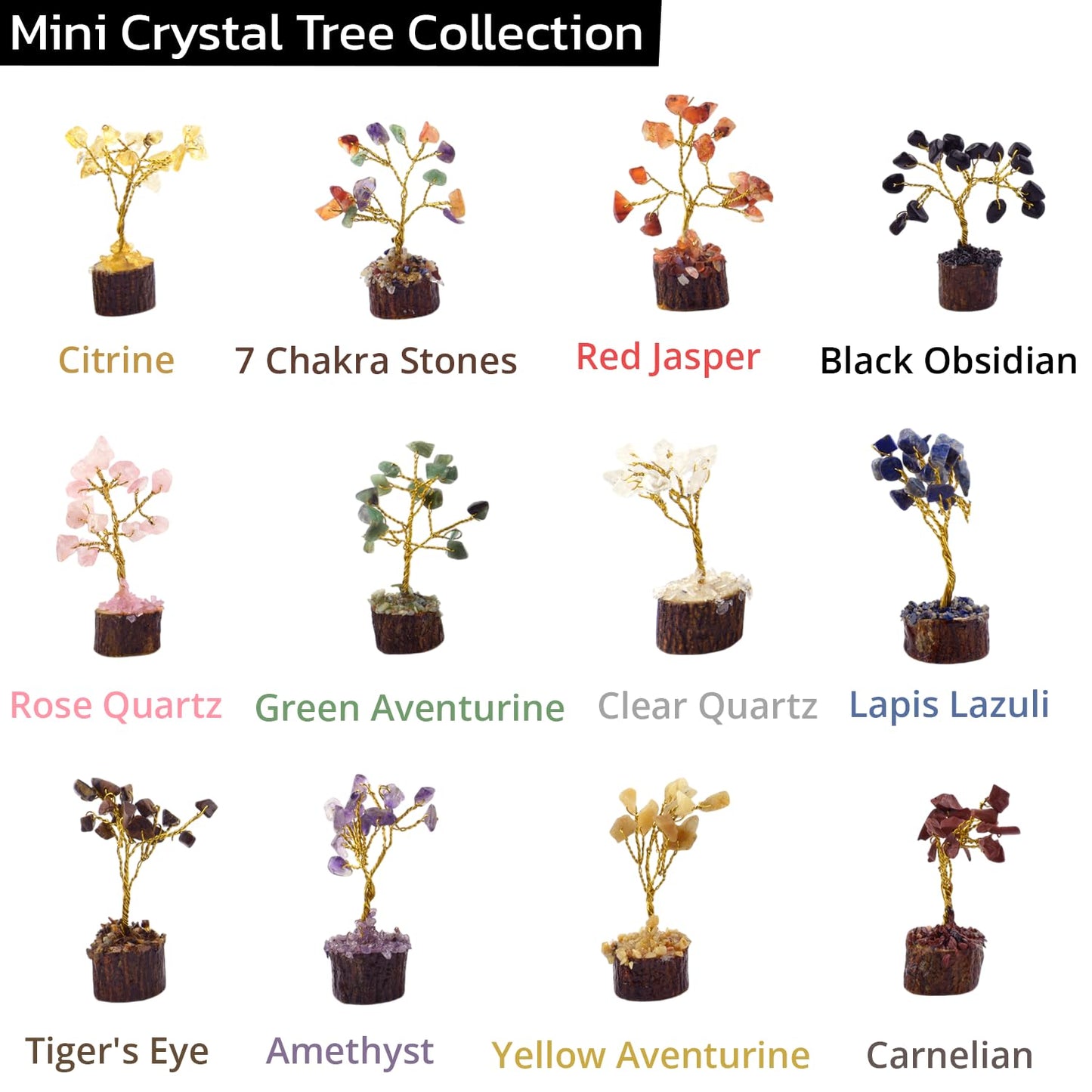 Set of 12 Mini Crystal Tree w/Black Tourmaline Orgonite Pyramid — Handcrafted Tree of Life Healing Crystal — Natural Chakra for Positive Energy, Home & Office Desk Decor, Birthday Gifts for Mom & Dad