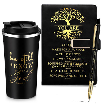 Pickmesh 3Pcs Fathers Day Christian Gift for Men Man of God Prayer Leather Journal with Pen Coffee Cup Bible Study Kit for Graduation Birthday Coworker Pastor Church(Be Still & Know,Black)