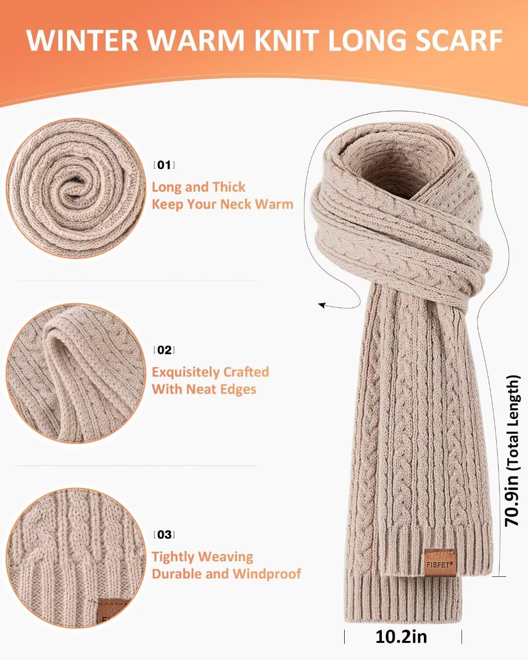 Winter Beanie Hat Scarf Gloves Set for Women, Pom Pom Beanie with Fleece Lined Long Knit Neck Warmer Fingers Touchscreen Gloves, Fashionable Cute Warm 3 in 1 Gift Set for Cold Weather(A-07) Camel