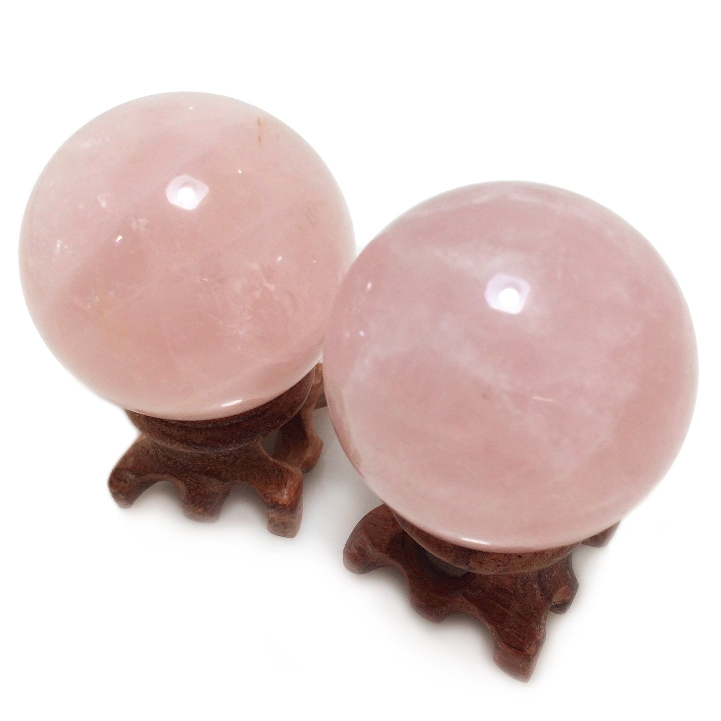 Polar Jade Set of 2 Natural Rose Quartz Crystal Spheres with Wooden Stands, Hand-Polished 45 mm (1.8”) Display Balls for Meditation, Feng Shui & Mindful Décor
