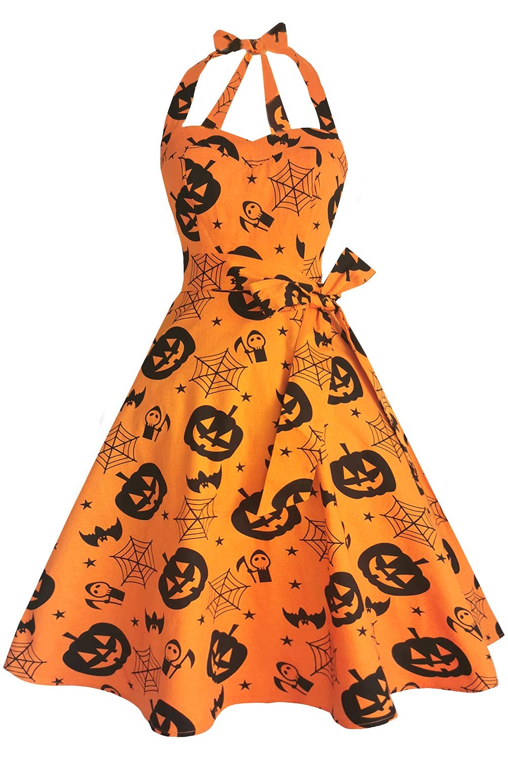 Topdress Women's Vintage Polka Audrey Dress 1950s Halter Retro Cocktail Dress Pumpkin L