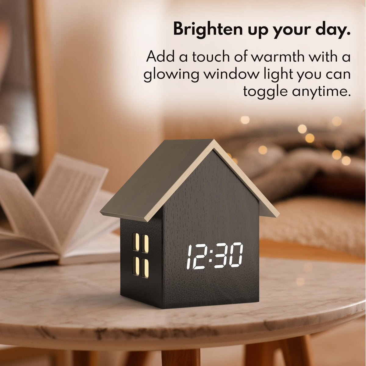 Driini Digital House Shaped Alarm Clock with Temperature Display (Dark Wood) – Modern Aesthetic with Cute Cube Frame and White LED Dimmer - Perfect Small Desk Clock for Bedside Table or Bedroom Mantle