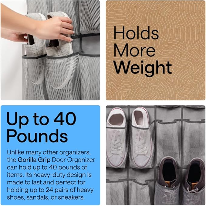 GORILLA GRIP Over the Door Shoe Organizer, 2 Pack, 24 Breathable Mesh Pockets