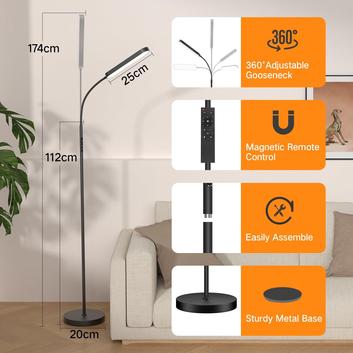 OUTON LED Floor Lamp 15W 1500LM, Dimmable Adjustable Modern Standing Light with 4 Color Temperature, Remote & Touch Control, 1 Hour Timer for Reading Living Room Bedroom Office Sewing (Black)