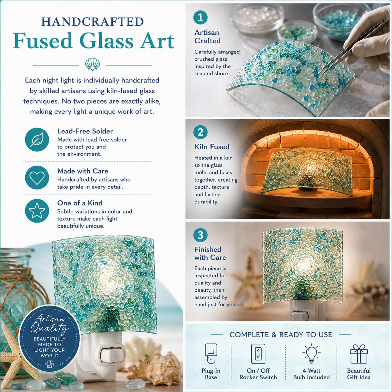 J Devlin Aqua Crushed Glass Night Light, Coastal Decor