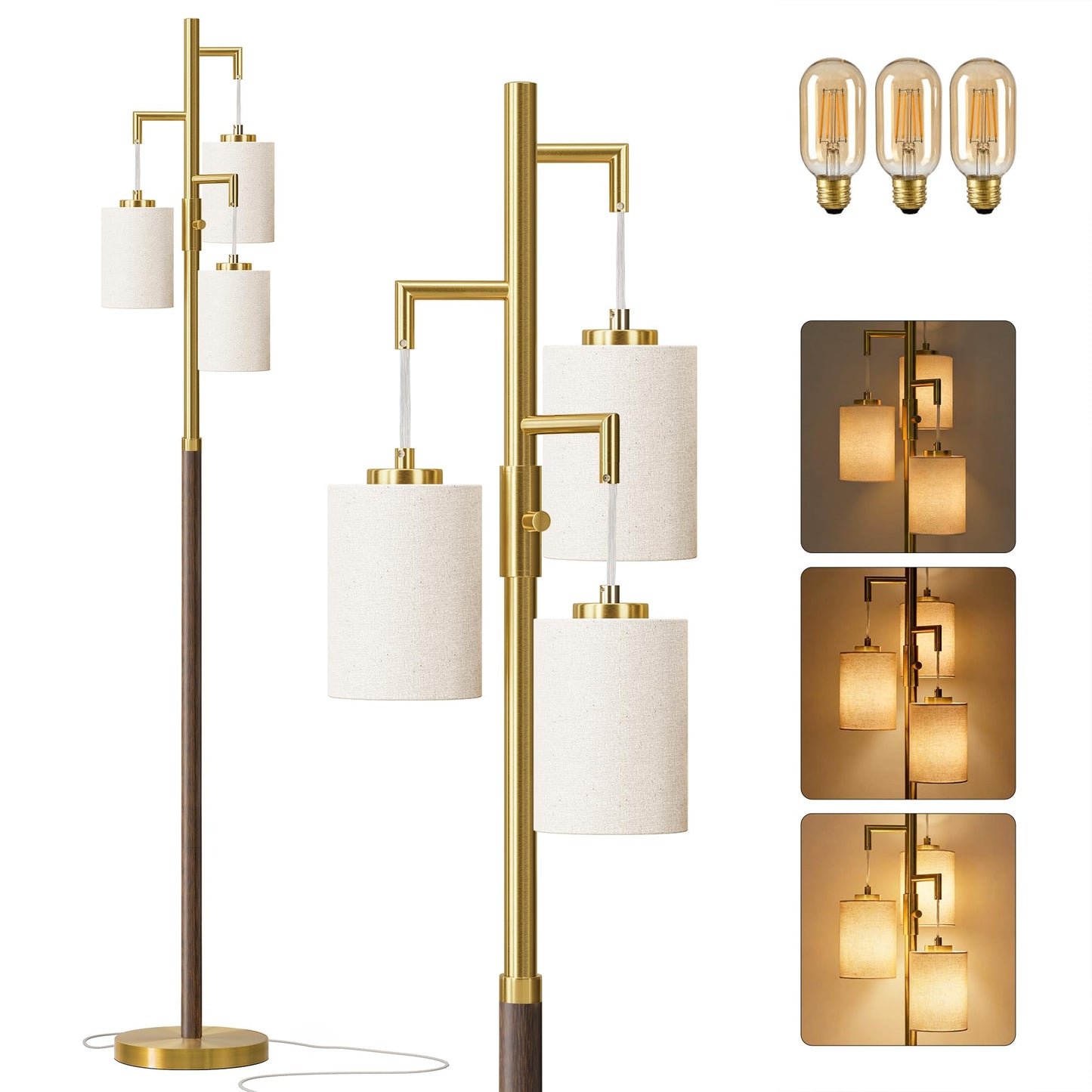 G-SAFAVA 70" Dimmable Floor Lamp Wood Floor Lamps for Living Room Bedroom Mid Century Modern Floor Lamp Gold Standing Lamp Tall Lamps for Office Nursery Reading Elegant Stand Up Lamp, 3 Bulbs Included