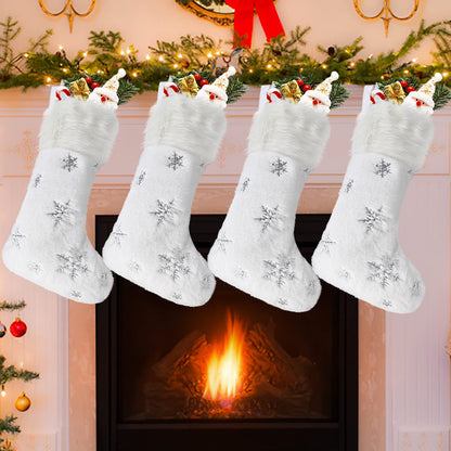 DIYASY White Christmas Stockings, 4 Pack Large Faux Fur Christmas Stockings with Silver Sequin Snowflakes Personalized Christmas Stocking for Fireplace Hanging and Holiday Party Decoration 17.5 Inches