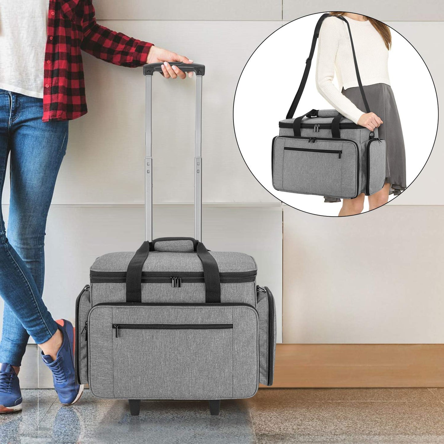 Luxja Sewing Machine Bag with Detachable Dolly, Rolling Sewing Machine Tote with Removable Bottom Pad (Fits for Most Standard Sewing Machines), Patented Design, Grey