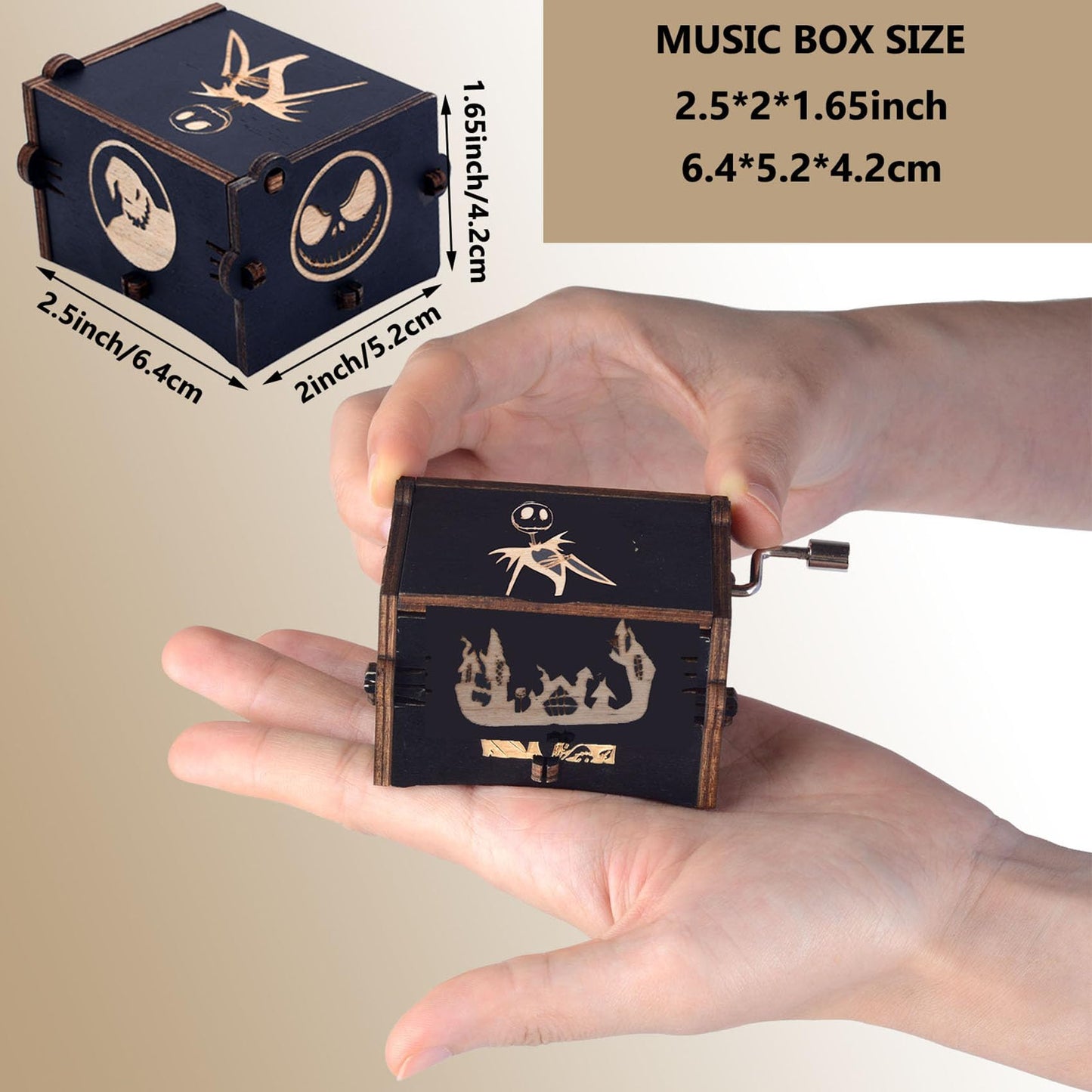 Keast Funny Wooden Hand Crank Music Box, Engraving Nightmare Musical Box Melody Plays This is Halloween Home Decor for Halloween Valentine's Day Christmas
