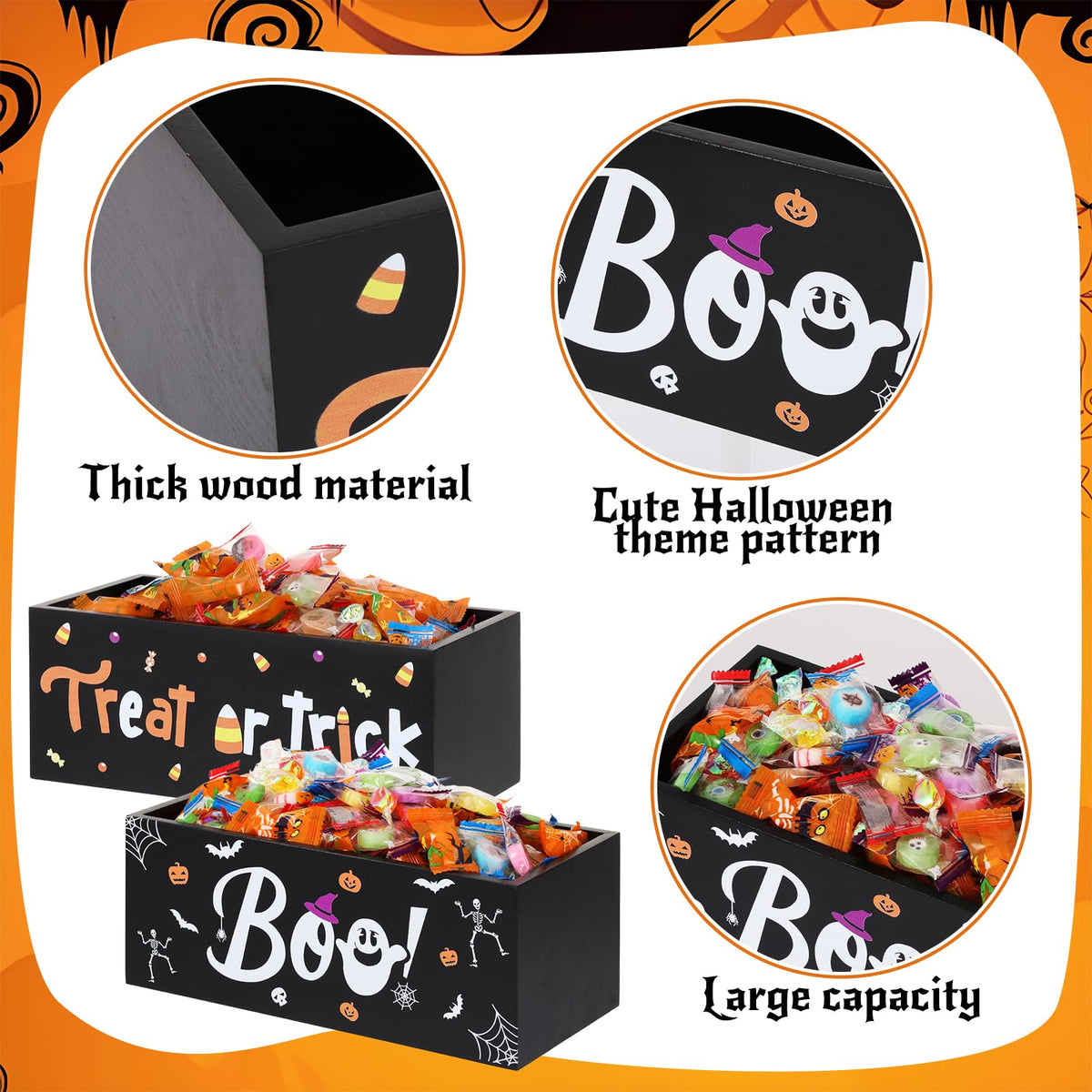 BOUTICOL 2 PCS Halloween Candy Bowl Dish Trick or Treat Wooden Candy Dish Holders Corn Spider Ghost Wood Candies Serving Bowl Tableware for Halloween Haunted House Corn Holiday Decor