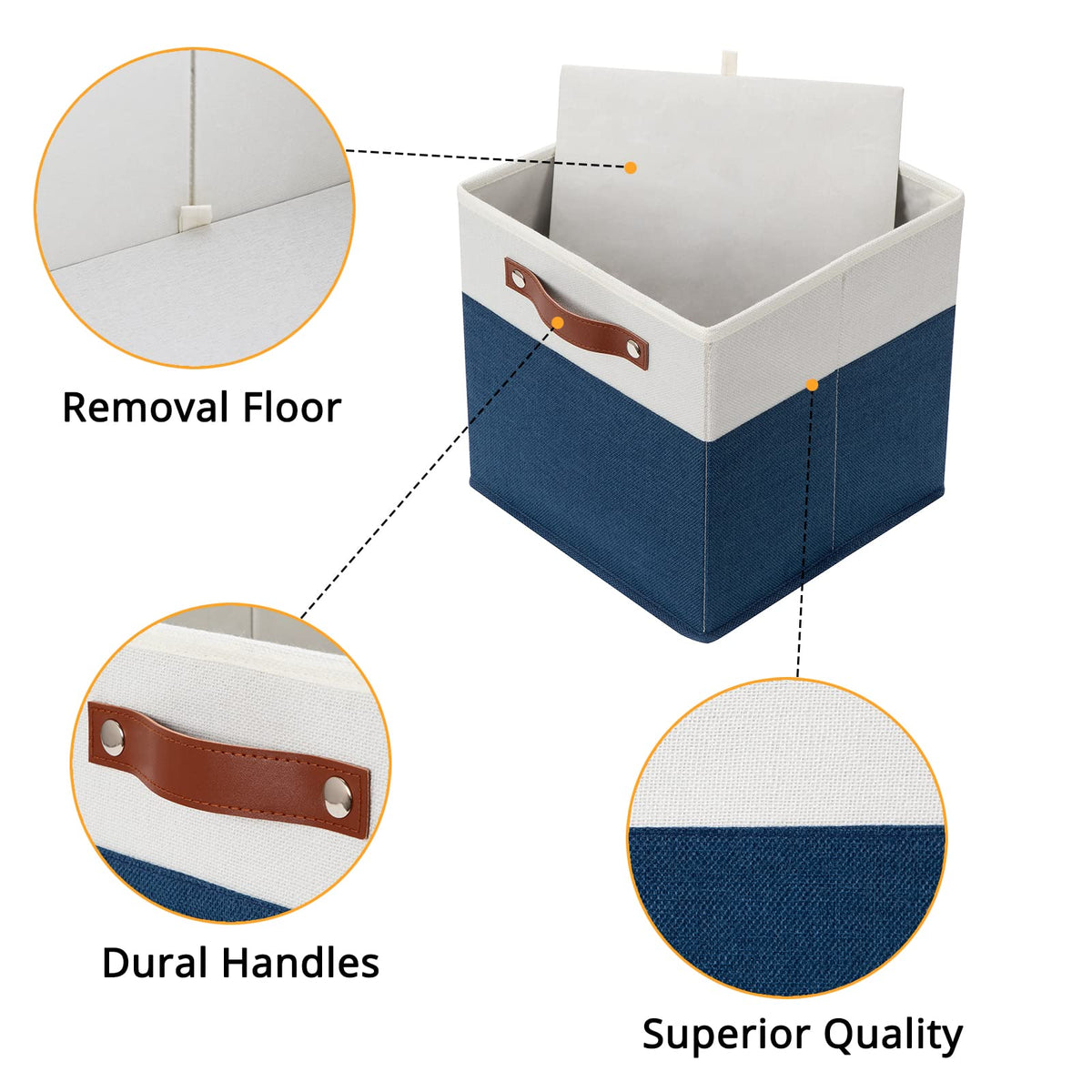 DULLEMELO Fabric Bins for Cube 11x11, Gift Baskets Empty for Boy Girl Mother Father Christmas Festival,Fabric Storage Bins Cube Organizer Baskets With Leather Handles(White&Blue)