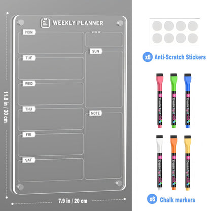 Langaelex 2 Set of Magnetic Weekly Planner for Fridge - Acrylic Meal Planner Boards with 6 Chalk Markers for Kitchen Home, Food Planning, Shopping List - A4 (20 x 30 cm)