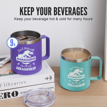NOWWISH Funny Christmas Gifts for Mom, Mamasaurus Mug 14oz with Lid, Keeps Coffee/Wine Hot Cold, Unique Stocking Stuffer for Wife from Husband/Kids