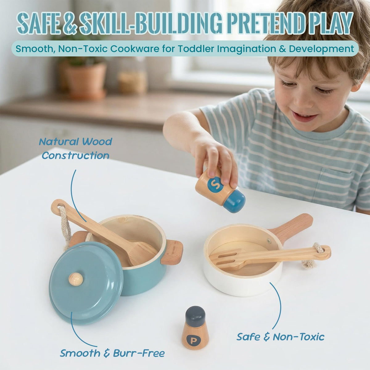 WoodenEdu Premium Toddler Play Kitchen Toys, Wooden Kitchen Utensils, Accessories for Pretend Play Kitchen Set, Montessori Learning Toy, Pretend Cooking Playset, Gift for 3+