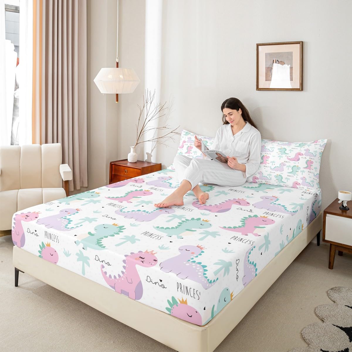 Dinosaur Fitted Sheet Pink Purple Dinos Bedding Set For Kids Girls Cartoon Bed Cover Jungle Safari Lovely Cute Animals Bed Sets Child Kawaii Room Decor With 1 Pillow Case Twin Size No Top Flat Sheet