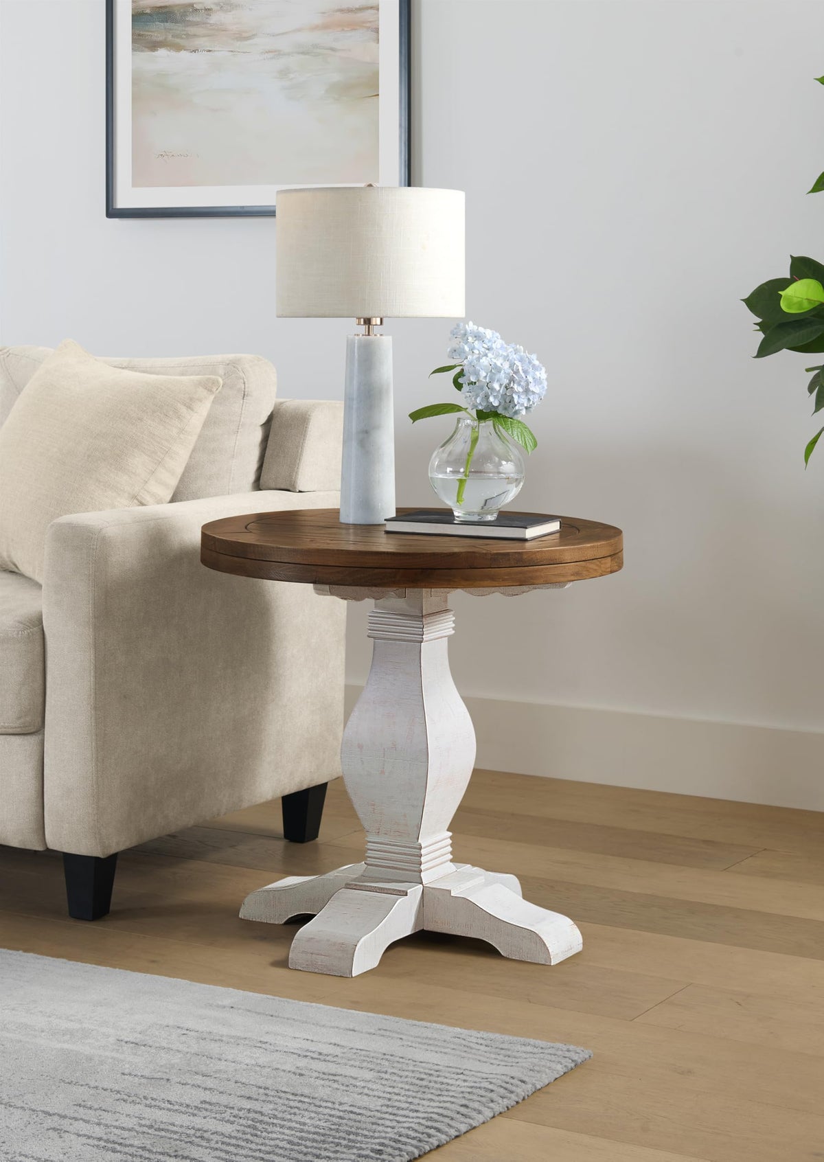 Napa Solid Wood Farmhouse Rustic Reclaimed Natural and White Stain Round End Side Accent Living Room Table, Nightstand Bedside 26" W x 26" D x 25" H