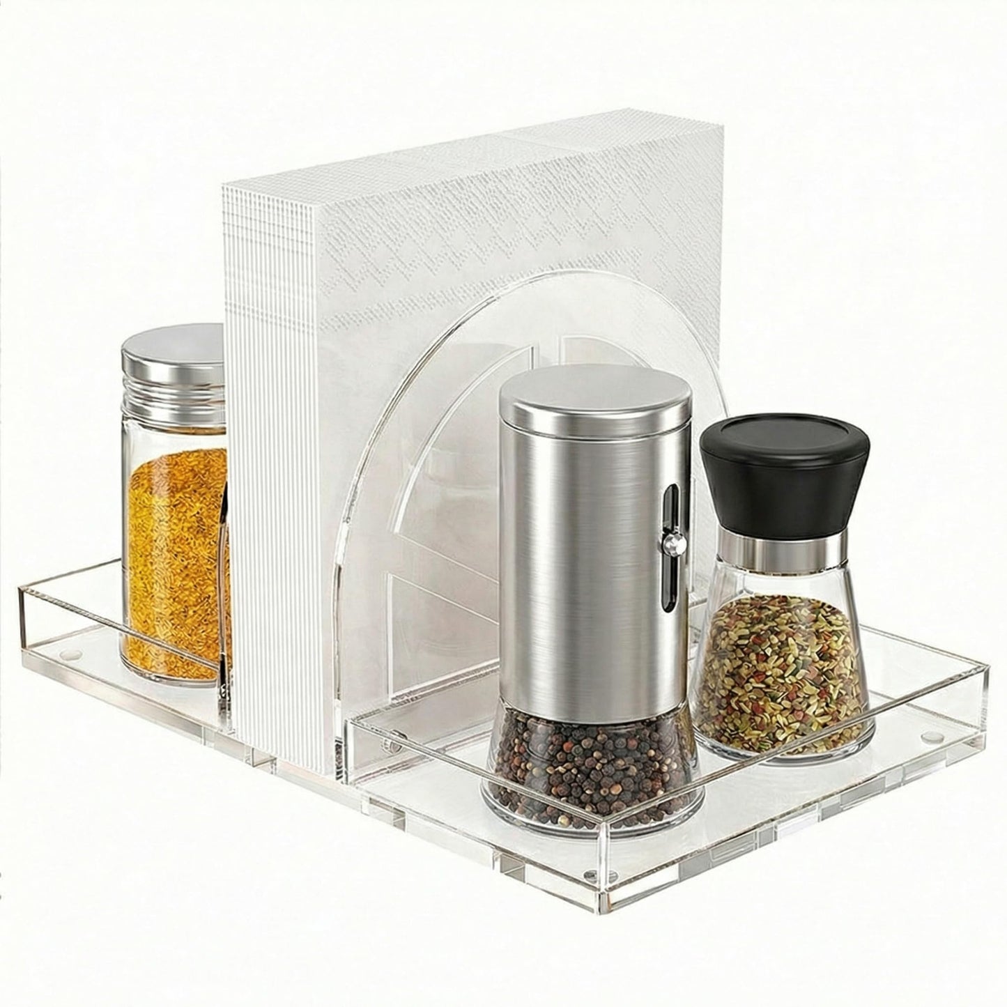 YAGELI Acrylic Napkin Holder with Magnetic Assembly, 2-in-1 Clear Space-Saving Organizer with Salt and Pepper Shakers Caddy for Kitchen Counter, Coffee Station, Office Desk, Modern Tabletop Storage