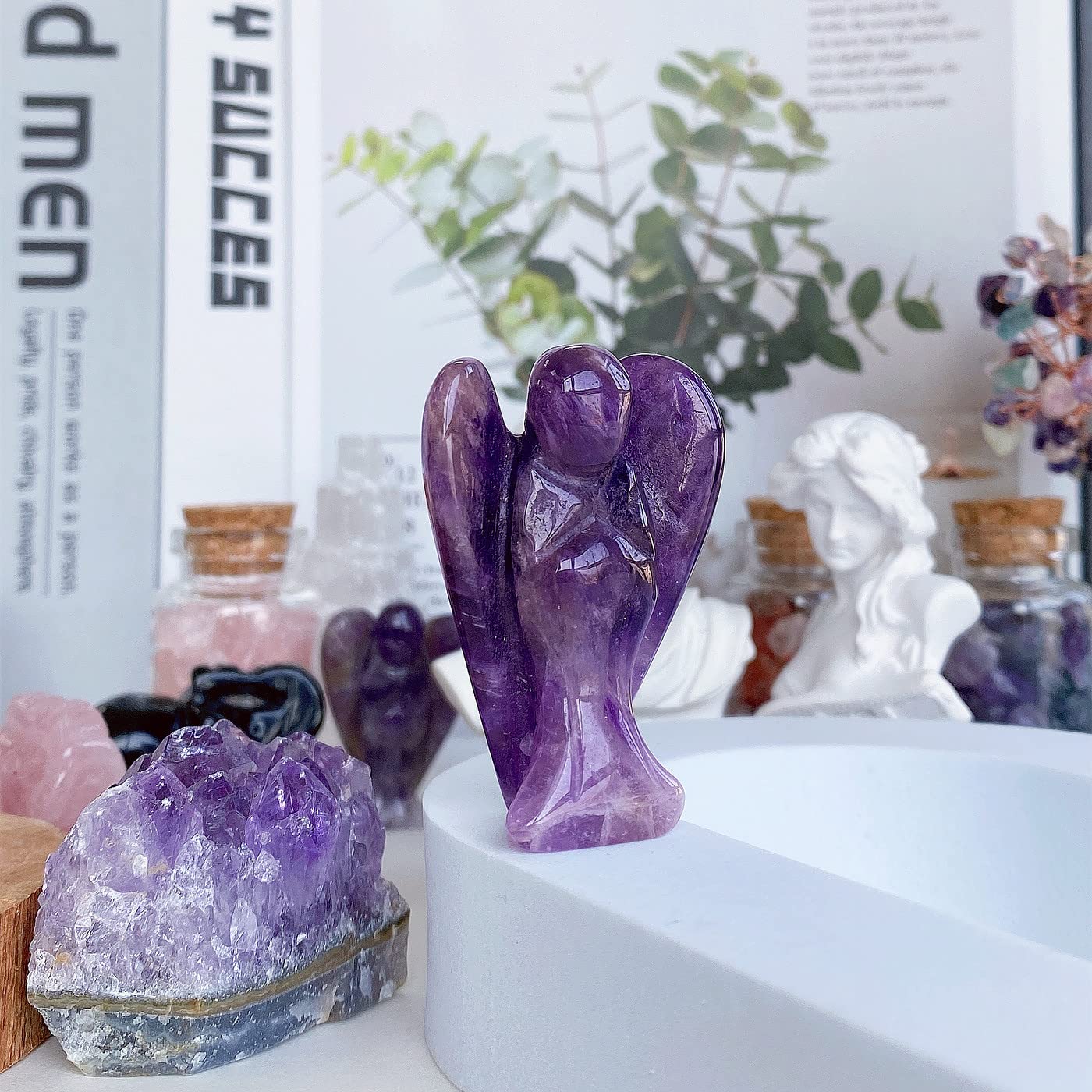 QINJIEJIE Bundle of Amethyst Crystal Tree and Guardian Angel Gemstone Decor Statue Polished Crystal Natural Reiki Gemstone Tree Life Stone Base Copper Wire Office Desk Room Home Decor Gift