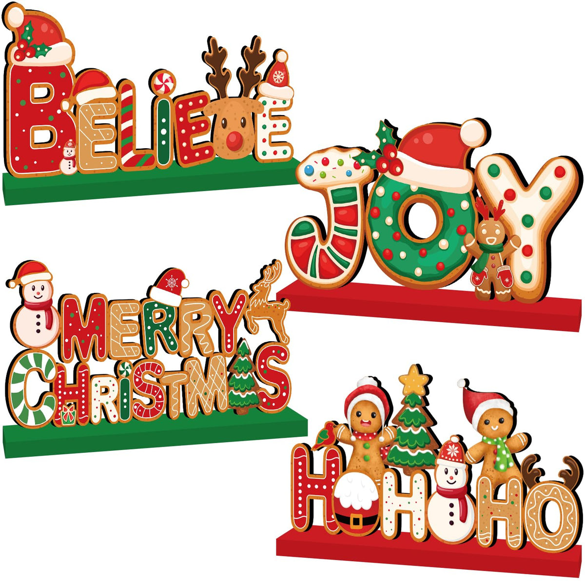 4pcs Gingerbread Christmas Decorations Wooden Table Centerpieces Gingerbread Merry Christmas Table Decorations for Winter Holiday Xmas Home Tabletop Decor