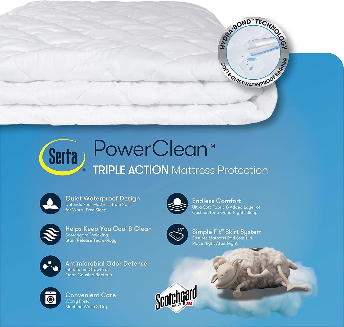 SERTA Power Clean Triple Action Quilted Soft Waterproof Mattress Pad Protector, Moisture Wicking Protection with 15" Deep Pocket, Twin, White
