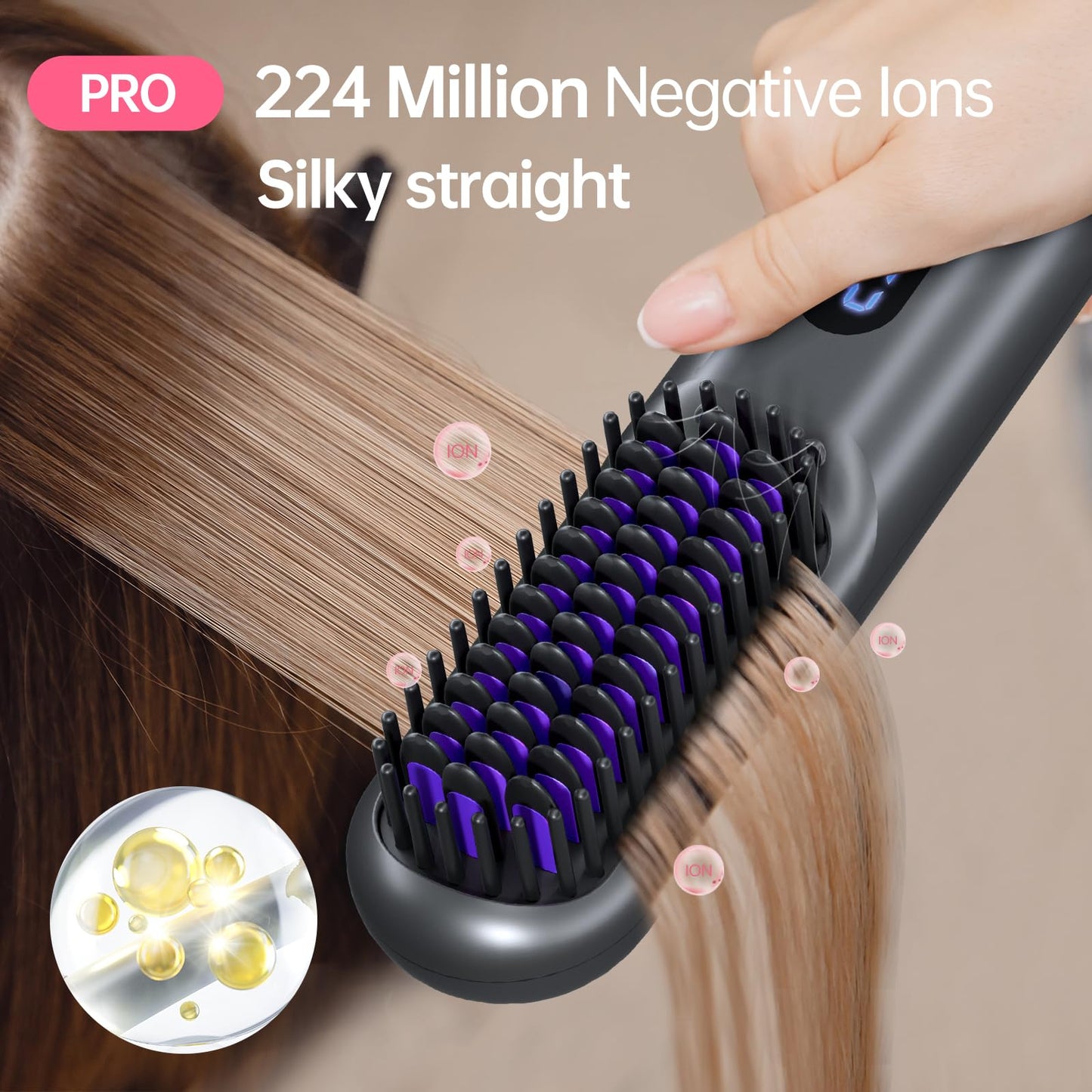 Cordless Hair Straightener Brush-Portable Straightening Comb, 9600mAh Batt, Plasma Tech, 9 Temp-Settings & LED Display, for Travel & Home(Pink)