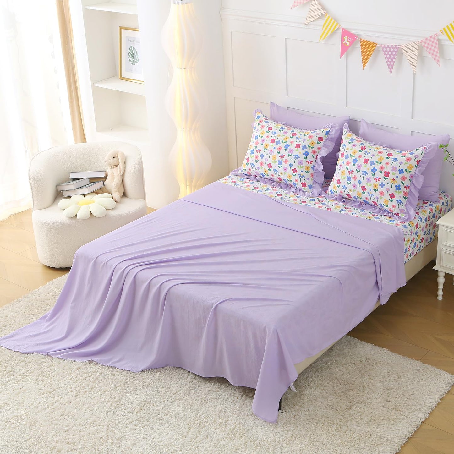 Gusuhome 7 Piece Girls Floral Bedding Set Twin/Full Size Reversible Comforter Bed in a Bag for Kids Soft Purple Floral Bedding with Sheets Bed Skirt Ruffled Floral Pillowcases for Teens Bedroom