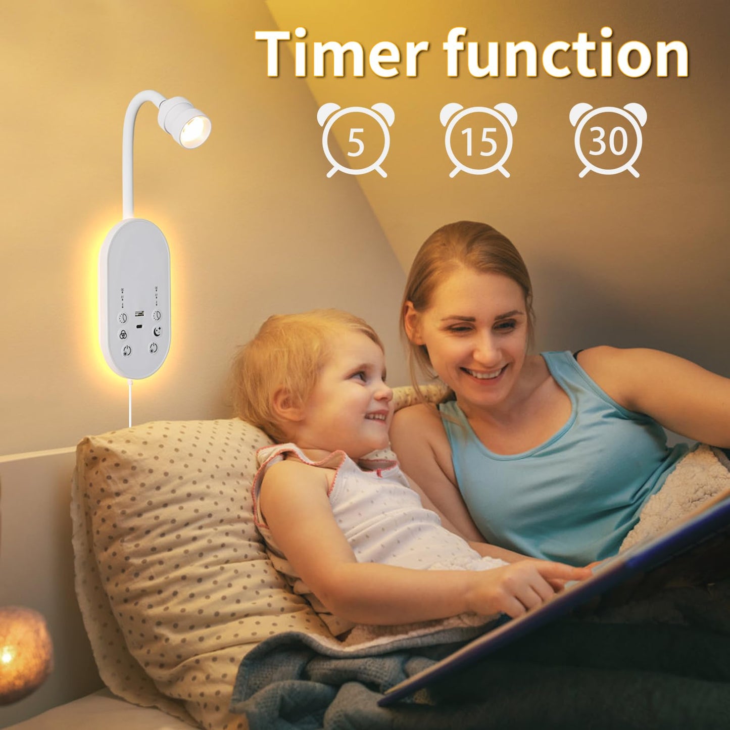 MOLUOLA LIGHTING LED Wall Mounted Reading Light for Bed, Book Light for Reading with Touch Control, Stepless Dimmable, Flexible Gooseneck Bed Light with USB C+A, Night Light & Timers Function (White)