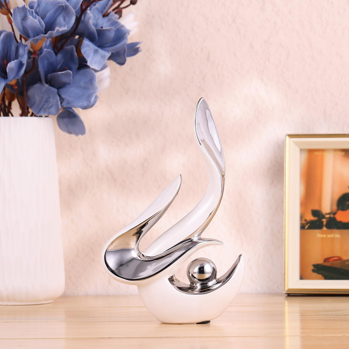 PlivBloom Silver Living Room Decor Table,Sculptures Home Decor,Modern Abstract Art,Dinner Table Centerpiece Decor,Ceramic Statue and Figurines Decorations Accent,Adorno Para Mesa Comedor(White Silver)