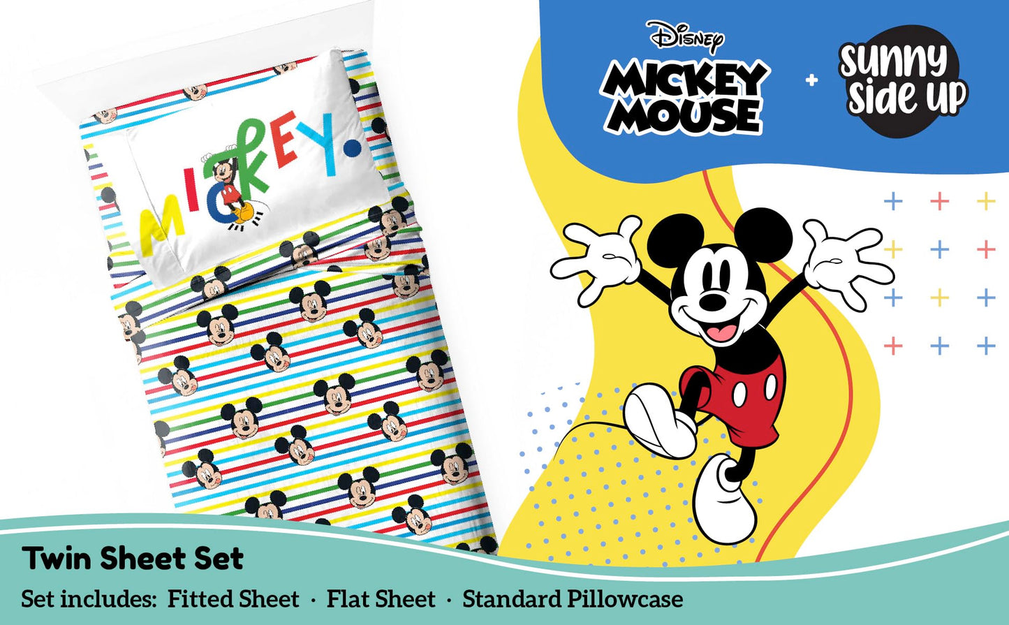 Sunny Side Up Disney Mickey Mouse Twin Sheet Set - 3 Piece Kids Bedding Set Includes Pillow Cover - Super Soft Microfiber Sheets