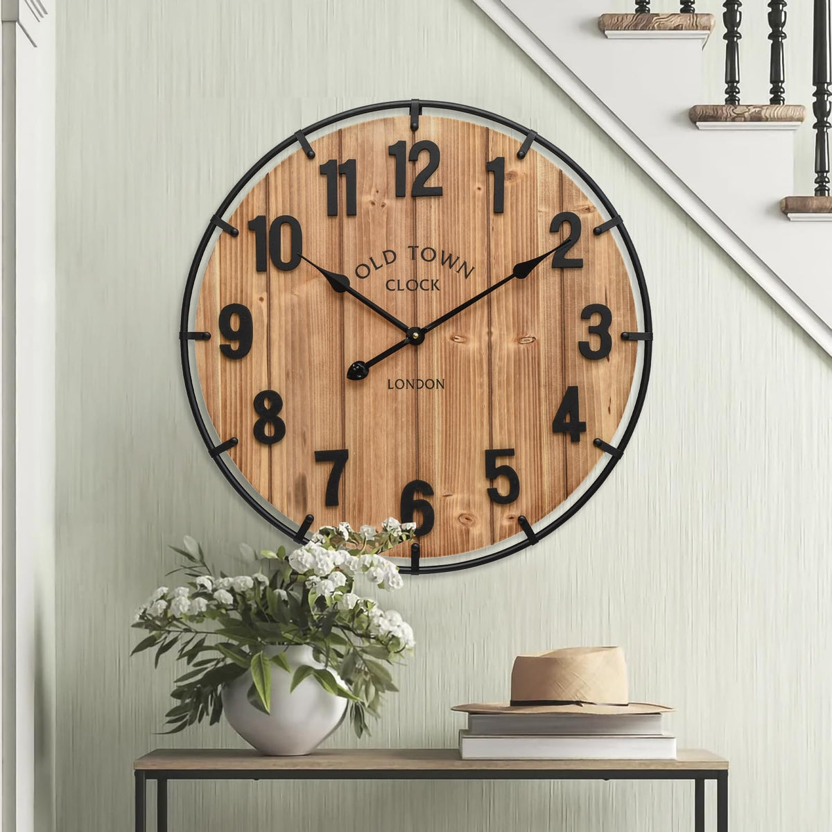 MICWIC 24 Inch Farmhouse Wall Clock Large Old Town Vintage Rustic Wooden Clock with Metal Rim and Large Numerals, Silent Battery-Operated for Office, Kitchen, Bedroom, and Living Room